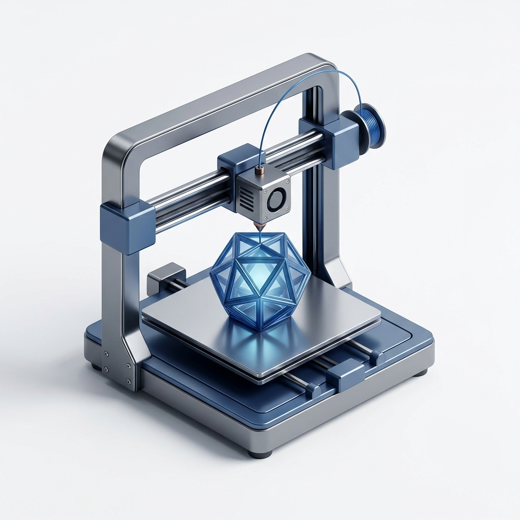 Impresora 3D fabricando una pieza geométrica azul sobre su cama de impresión