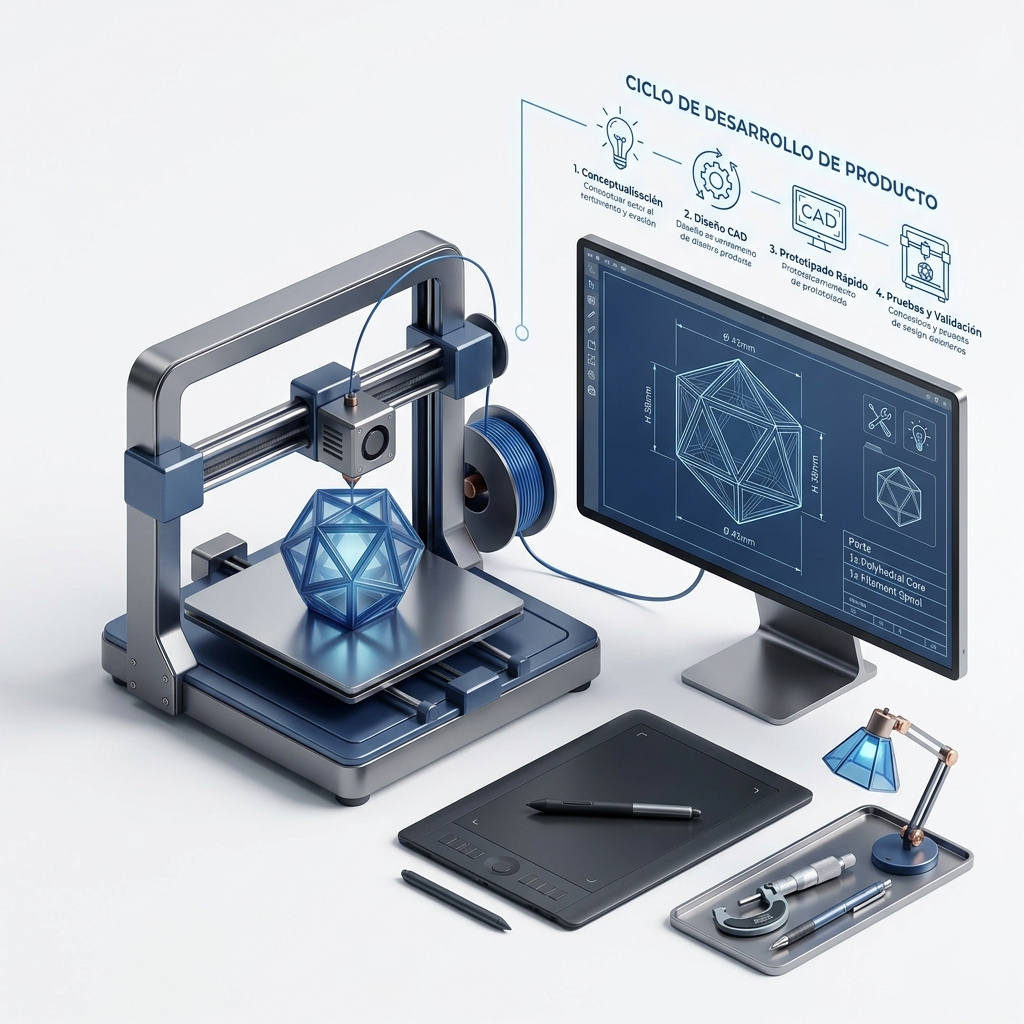 Impresora 3D junto a un monitor con el diseño CAD de la pieza y el ciclo de desarrollo de producto