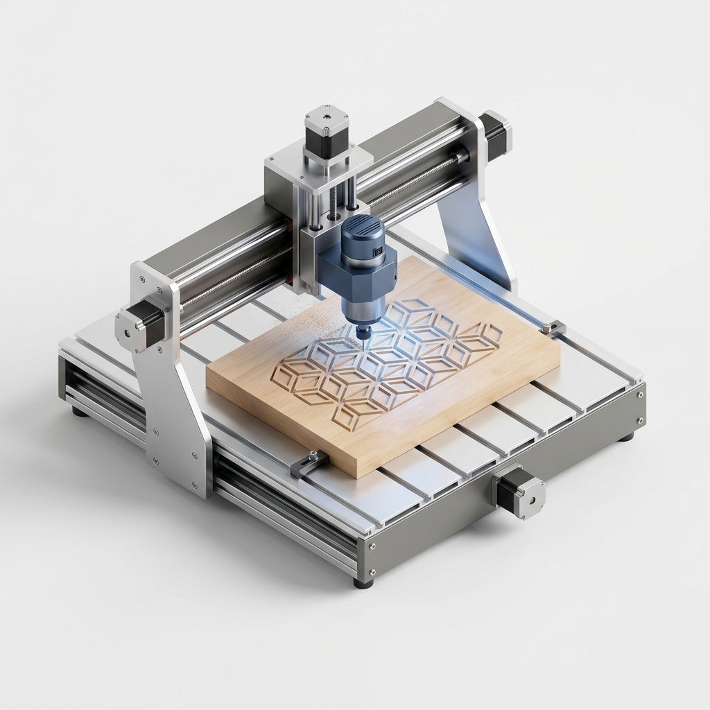 Router CNC tallando un patrón geométrico sobre una tabla de madera
